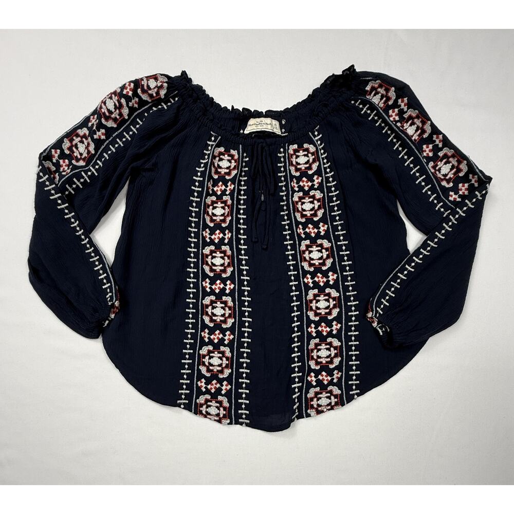 Abercrombie & Fitch navy blue XS boho top white and red embroidered long sleeves - Picture 5 of 10